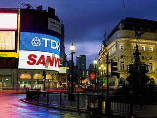 Sanyo and TDK LED signboards, city, London, UK