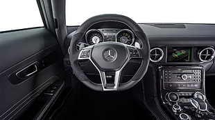 black Mercedes-Benz steering wheel, Mercedes SLS, car interior