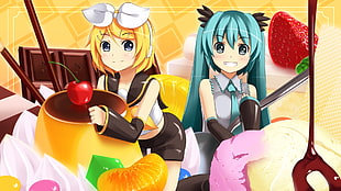 Hatsune Miku and female yellow haired character illustration