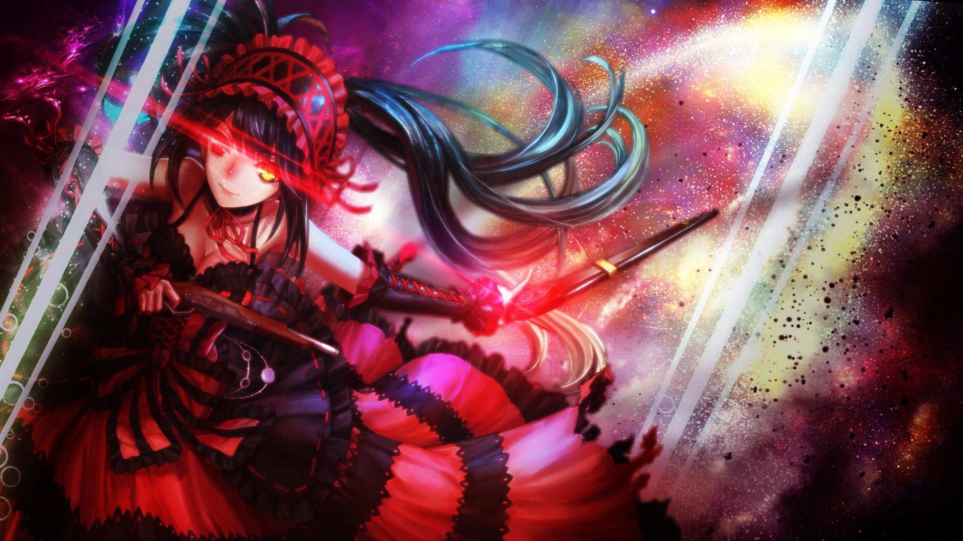 female anime character with red headband digital wallpaper