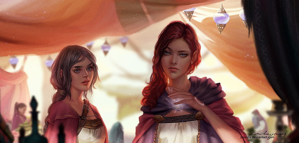two female characters illustration, fantasy art, magic HD wallpaper
