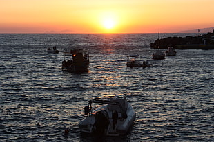 boats on sea during sunset, santorini, oia HD wallpaper