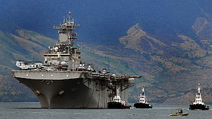 three white boats, warship, aircraft carrier, ship, military