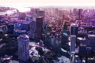 high rise buildings, city, cityscape, anime, artwork