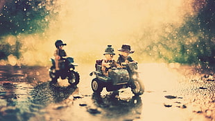 two men riding ATC scale model, LEGO, Indiana Jones, motorcycle, water HD wallpaper