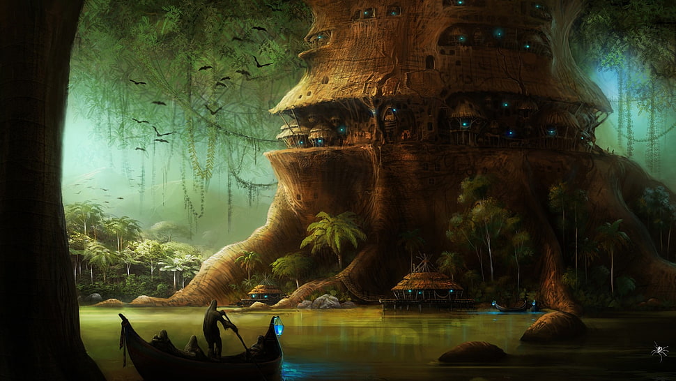 man sailing boat near tree 3D wallpaper, fantasy art, digital art, artwork, science fiction HD wallpaper