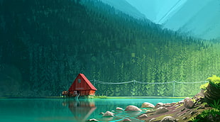 red house on body of water surrounded with trees artwork