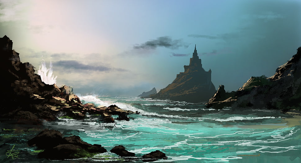 body water digital wallpaper, fantasy art, digital art, rock, sea HD wallpaper