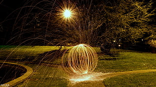 brown and black feather decor, light painting, lights, night, sphere
