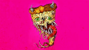 yellow and black tiger painting, pizza, demon horns, fangs, tongues
