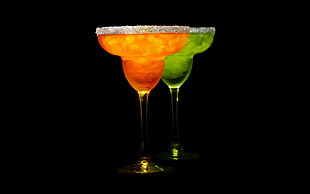 two margarita glasses, drink, cocktails, drinking glass, orange