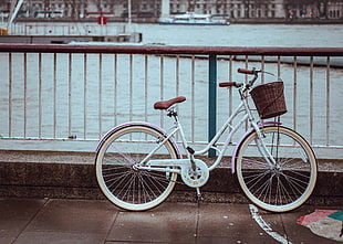 white and pink step-through bicycle parked near body of water