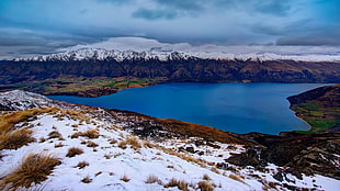 snow covered land, landscape, lake, sea, mountains HD wallpaper