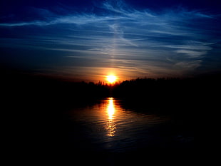 golden hour over trees and river showing reflection on water