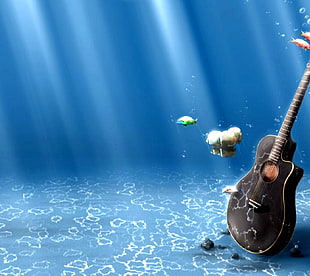 black cutaway guitar, guitar, underwater, fish