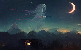 moon, house, and clouds painting, artwork, fantasy art, ghost, house