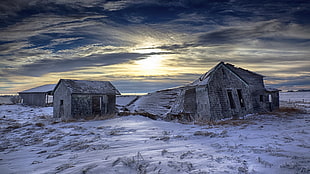 gray and black house, landscape, winter, ruin, sky