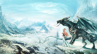 gray dragon illustration, digital art, dragon, village, snow