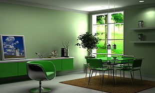 green glass-top table with chairs dining set HD wallpaper