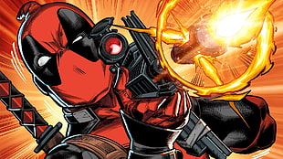 male cartoon character, Deadpool, weapon, Marvel Comics, illustration