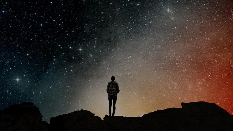 silhouette of person standing on rock facing up, sky, alone, stars HD wallpaper