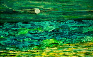 blue and green sea painting, fabric, artwork, fantasy art