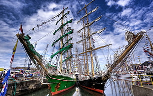 two green and black sailing ships, HDR, ship, boat, vehicle