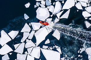 red boat, aerial view, sea, ice, blue