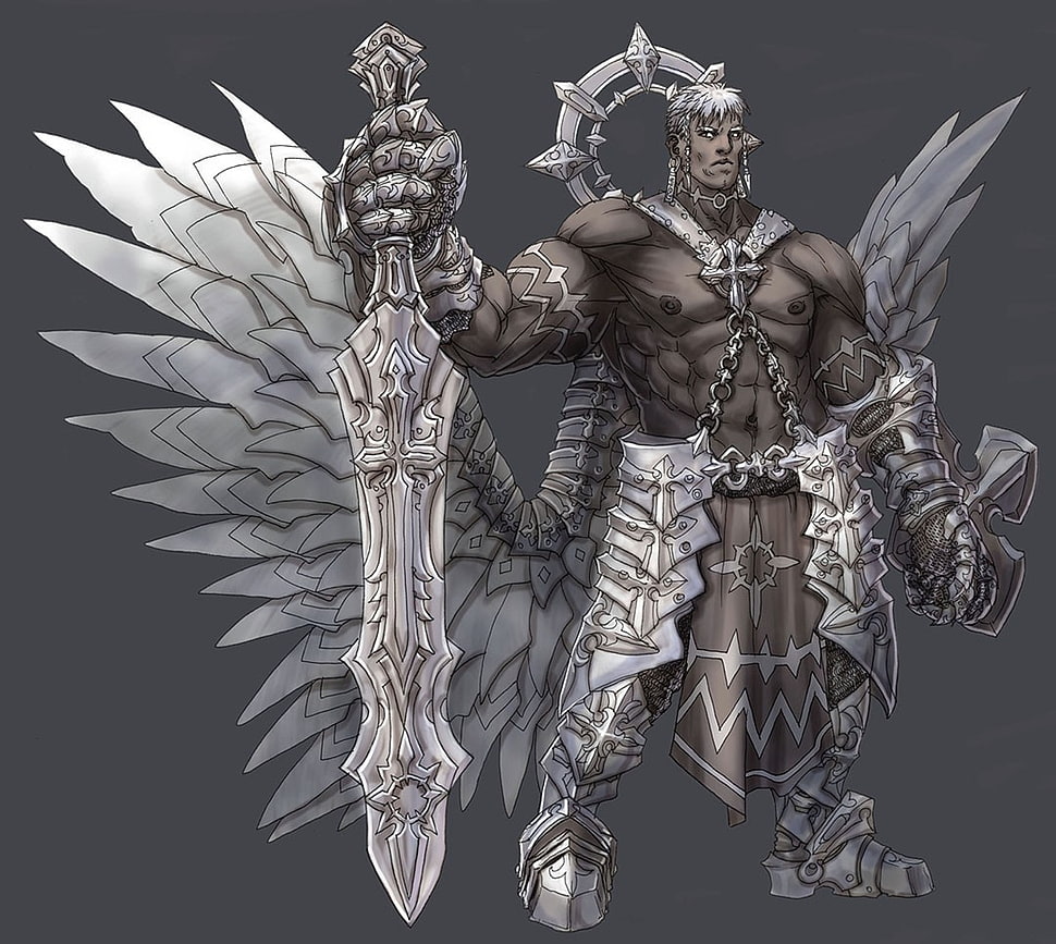 man holding sword illustration, angel, fantasy art, giant, warrior HD wallpaper