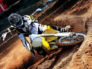 white and yellow dirt bike, motocross, dirty, racing, sport  HD wallpaper