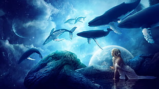 whales wallpaper, whale, fantasy art, planet, artwork HD wallpaper