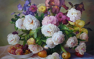 white, purple, and yellow flowers in vase painting, flowers, fruit, painting, still life