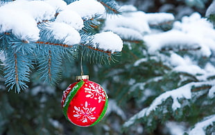 red, green, and white bauble, winter, snow, Christmas ornaments , Christmas