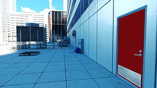 closed red door on rooftop, Mirror's Edge, video games HD wallpaper