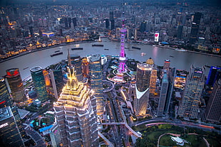 Oriental Pearl, Shanghai, skycrapers, ship, panorama, lights HD wallpaper
