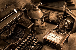 gray typewriter and folding camera, vintage, old, sepia, camera HD wallpaper