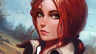 red haired woman in collared top illustration, Ilya Kuvshinov, drawing, The Witcher, Triss Merigold
