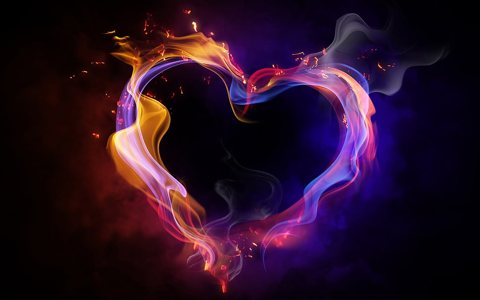 red and purple fire heart shape poster HD wallpaper