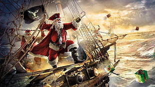 Santa Pirate on ship illustration HD wallpaper
