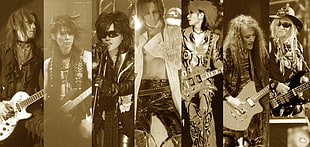 seven men playing guitar collage, X Japan, sepia, Sugizo, Heath