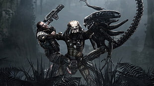 Predator and Alien illustration, artwork, aliens, Predator (movie), Aliens (movie)