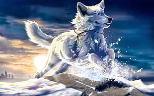 blue wolf illustration, fantasy art, dog, snow, artwork