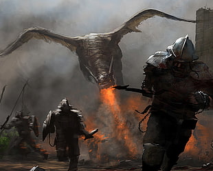 dragon and warriors illustration, artwork, dragon, fantasy art
