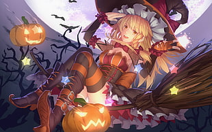 anime character wallpaper, Halloween, pumpkin, witch hat, heels