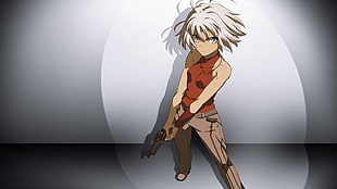 gray hair female anime character wears red top and gray pants holding gun