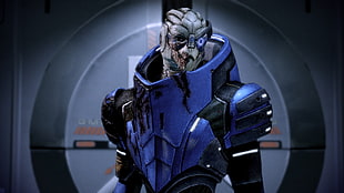blue and black armored alien character