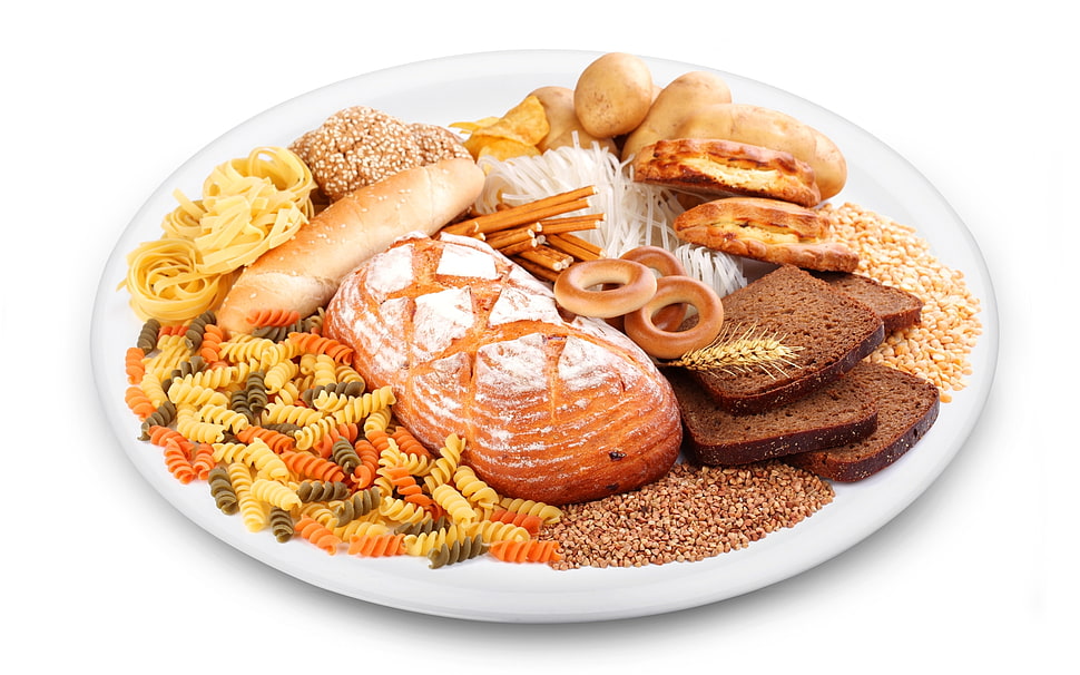 round white ceramic plate with baked breads HD wallpaper
