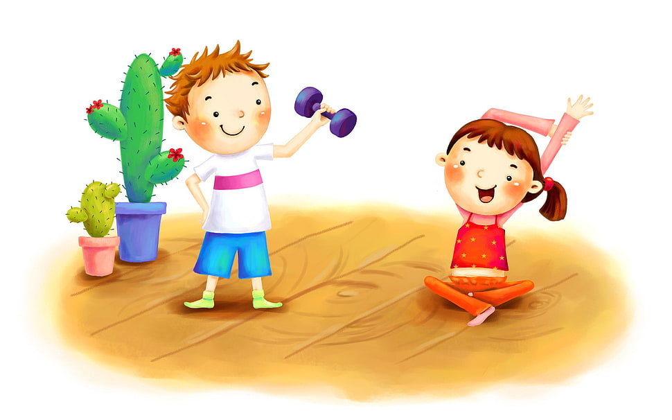 illustration of boy and girl exercising HD wallpaper