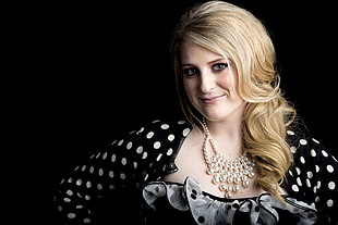 blonde haired woman wearing polka-dot dress posing for photo