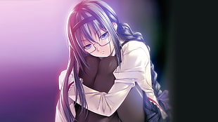 blue haired female anime character with eyeglasses